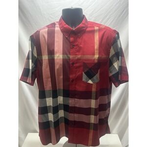 Burberry Button Up Shirt Stretch Cotton Plaid Red Casual  Men's Size XXL